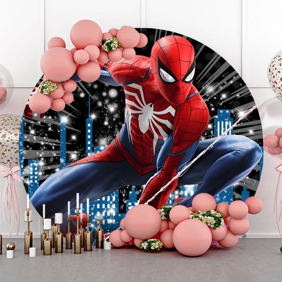 Toile De Fond Ronde Spider-Man Anniversaire - Décoration Fête Garçons, Tissu Polyester