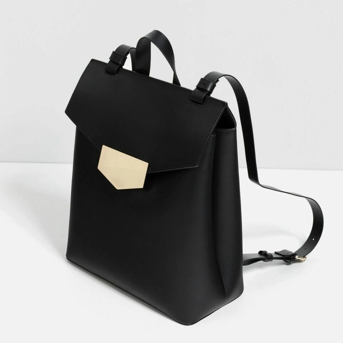 ZARA Structured Faux Leather Metallic Piece Classic Backpack Bag Black 4584 104