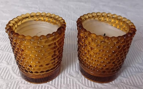 Vintage Set 2 Amber Gold Glass Candle Holder Votive Cup Hobnail Dot 2.5" MCM - Picture 4 of 8