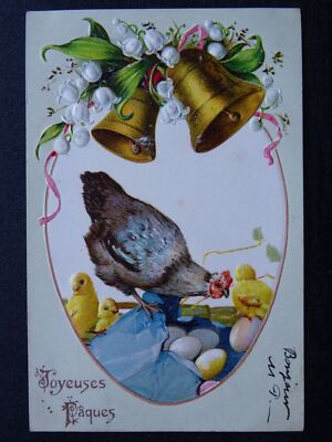 Französische Ostergrüße JOYEUSES PAQUES Huhn & Eier um 1904 geprägte Postkarte