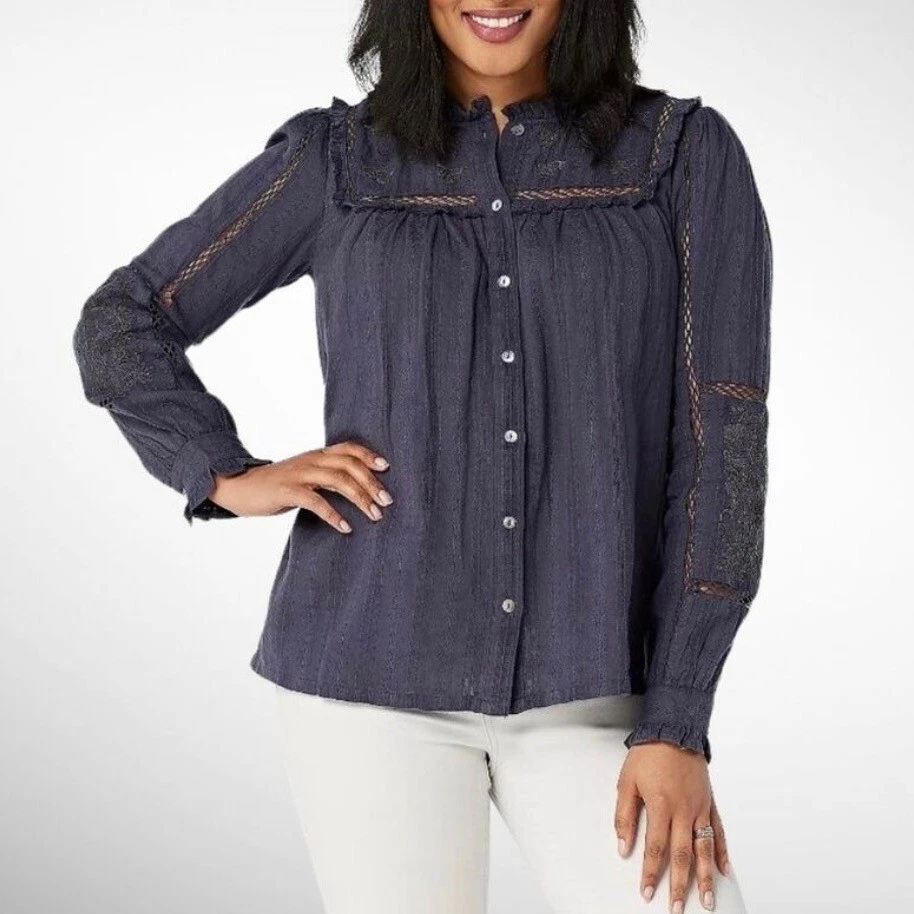 Blusa Top LOGO de Lori Goldstein Lujosa Bordada con Volantes Boho Campesina XL