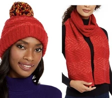 Red Chenille Beanie w/Pom and Scarf w/ Arrow Stitch Retail $73 SALE