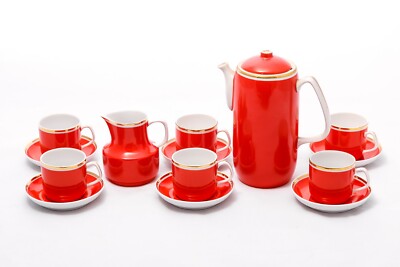Classic red and gold - Vintage Hollohaza coffe tea set - Hungary Zsolnay Herend
