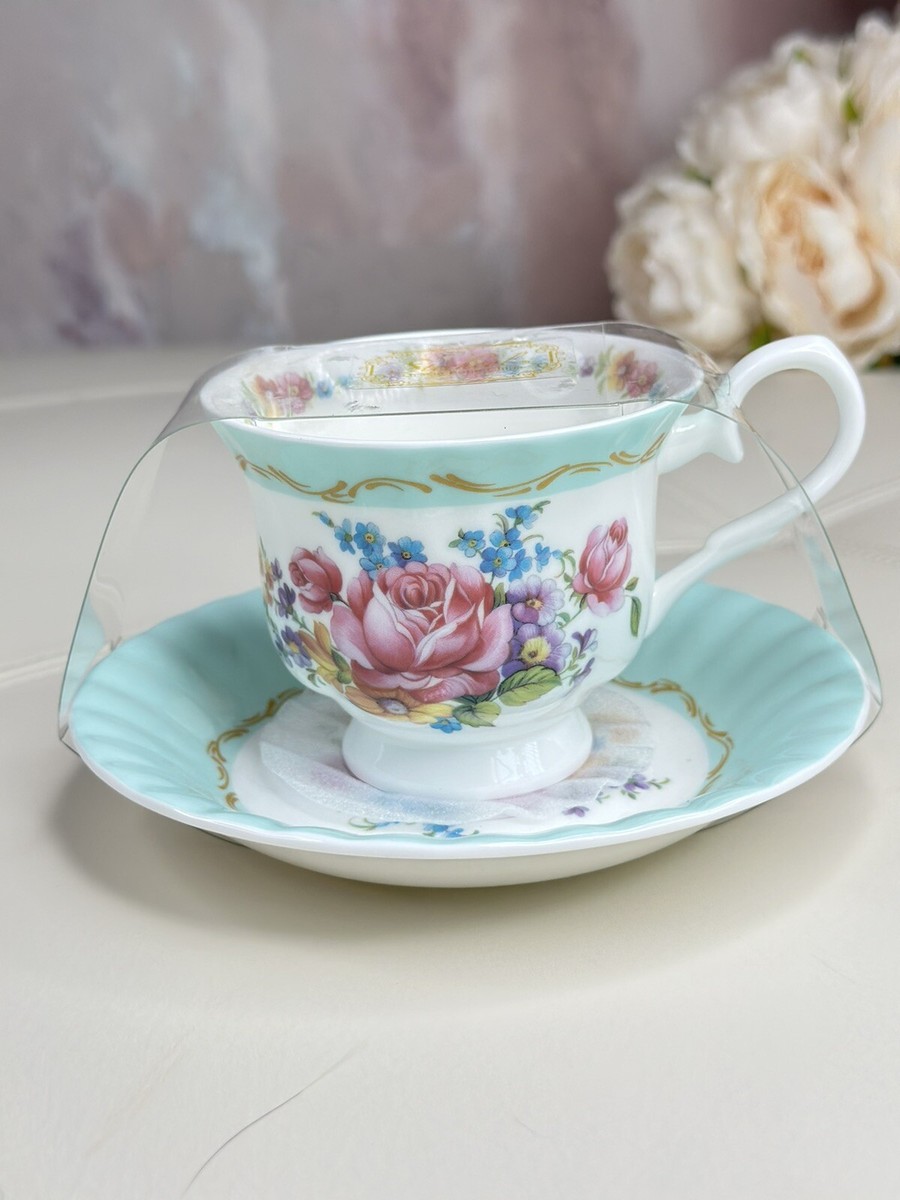 STECHCOL Gracie Bone China Flowers Roses Turquoise Set Footed Tea