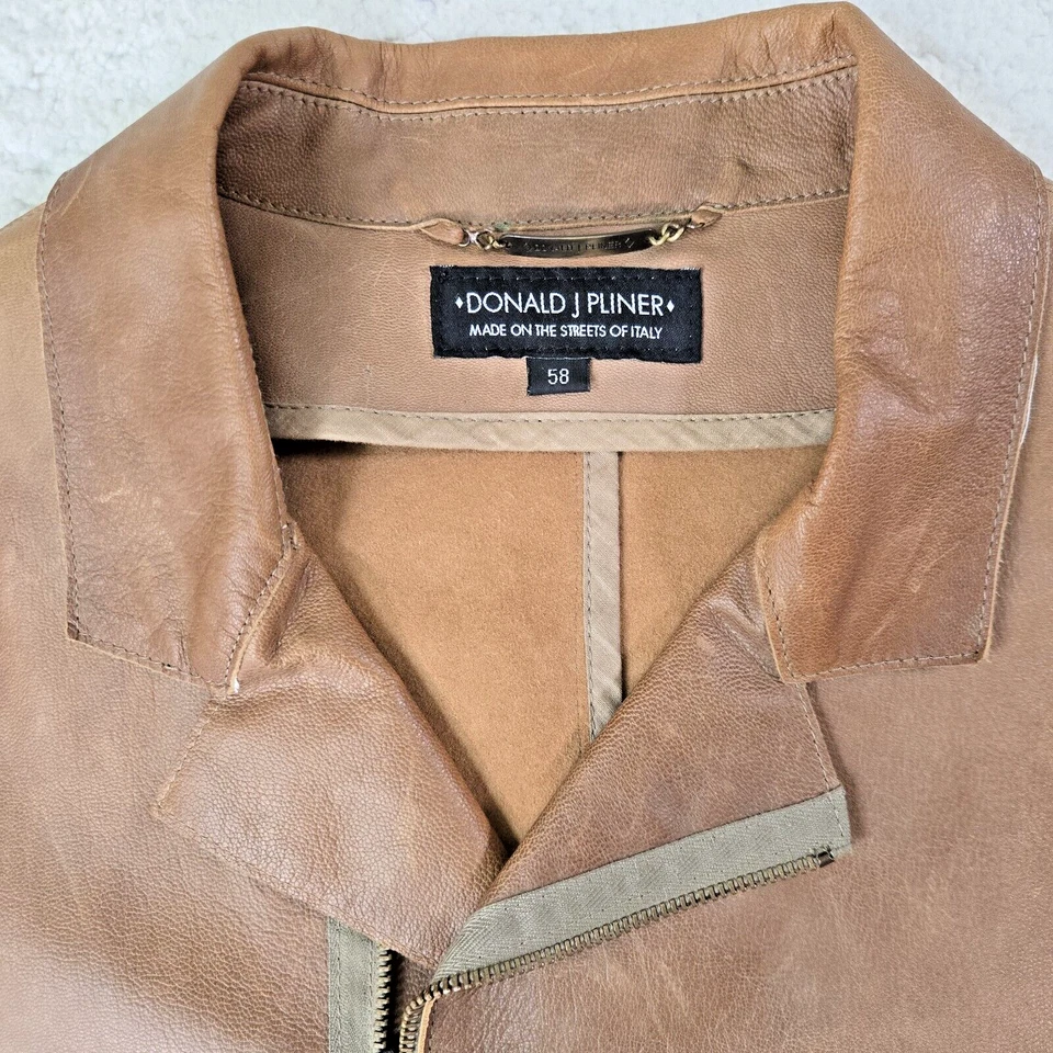 Chaqueta de Cuero Donald Pliner Hombres EU 58 XL Marrón Italiano Otoño Peso Blazer Cremallera Foto 4 de 4