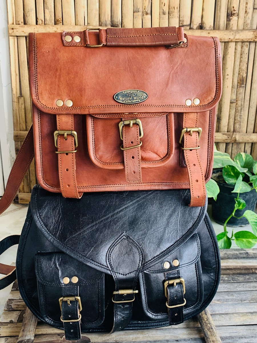 Genuine Black Leather Cross Body Vintage Style Women