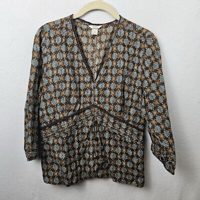 Christopher & Banks Top Woman s Size Medium Brown Blue Floral Long Sleeve Blouse