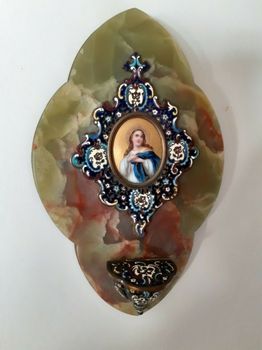 Bénitier Ancien XIXe Siècle - émaux Sur Porcelaine Et Métal - Onyx Vert - France