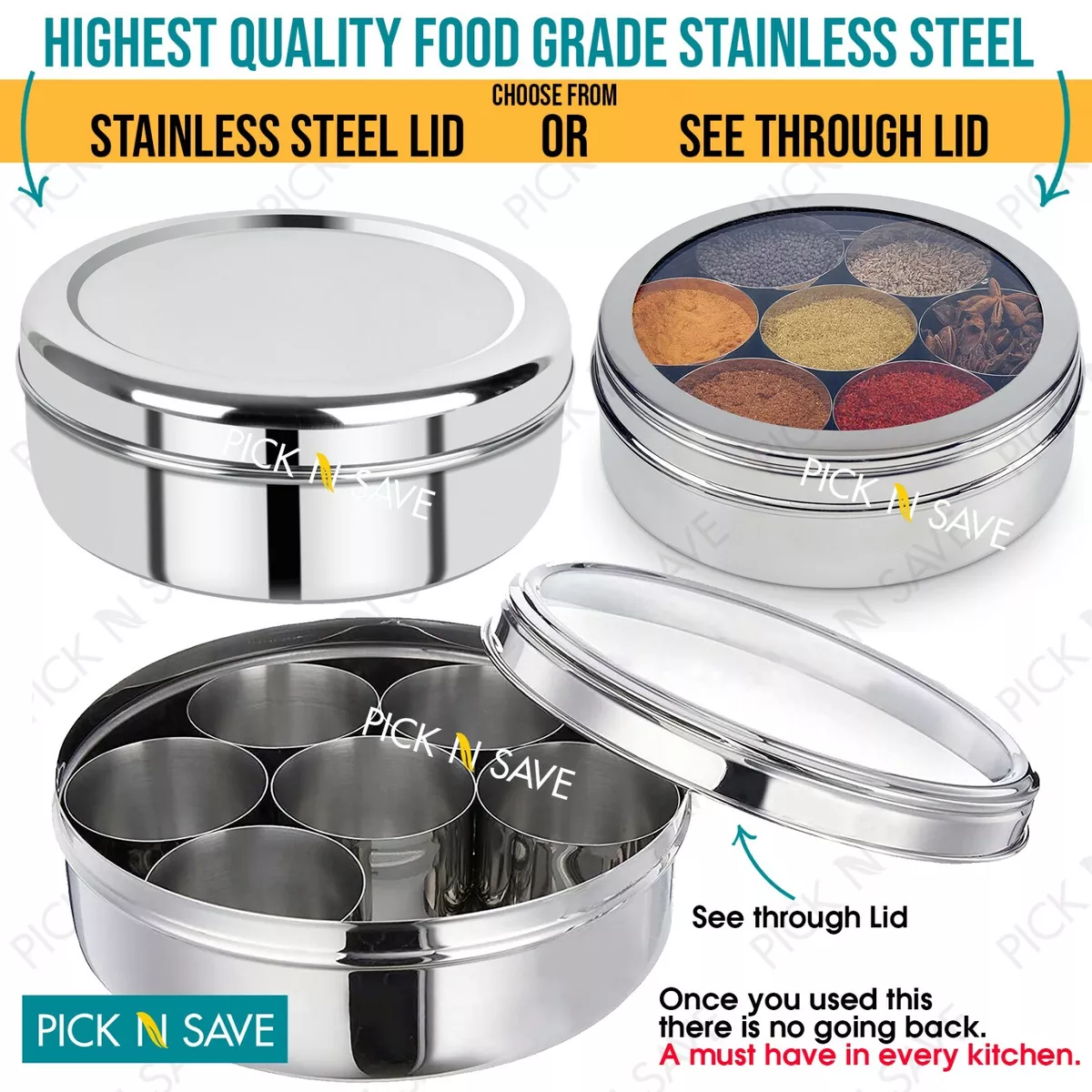 Authentic Indian Spice Box Tin Masala Dabba Spices Storage FREE Spoon
