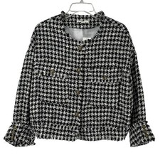 Cato Cropped Collarless Blazer Jacket Houndstooth Tweed L Black White Preppy Top