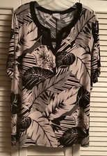 Naif Women Black & Beige Leaf Design V Neck Short Sleeve Blouse Top Size 1XL