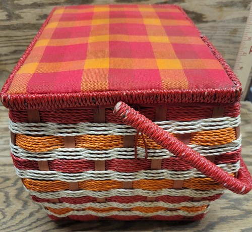 Vintage Rattan Korb Nähtruhe - rot orange weiß JcPenny - Bild 12 von 15
