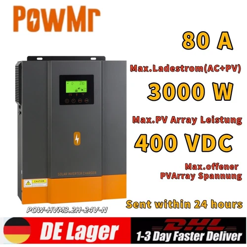 PowMr 3000W 24V Hybrid Wechselrichter MPPT 80A Reine Sinuswelle Solar Inverter