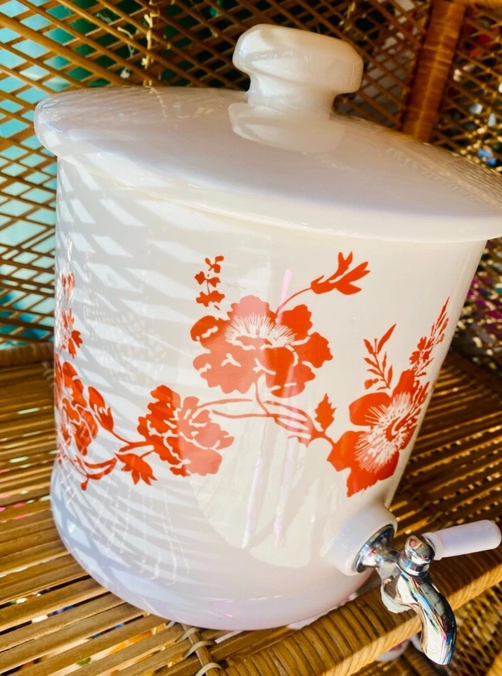 MSE Martha Stewart - Dispensador de bebidas de cerámica con tapa naranja y blanco floral Foto 2 de 4