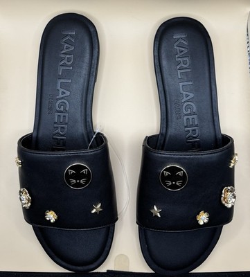 Karl Lagerfeld Charm Slide Sandals Black Size 9, Cat, flower and star charms