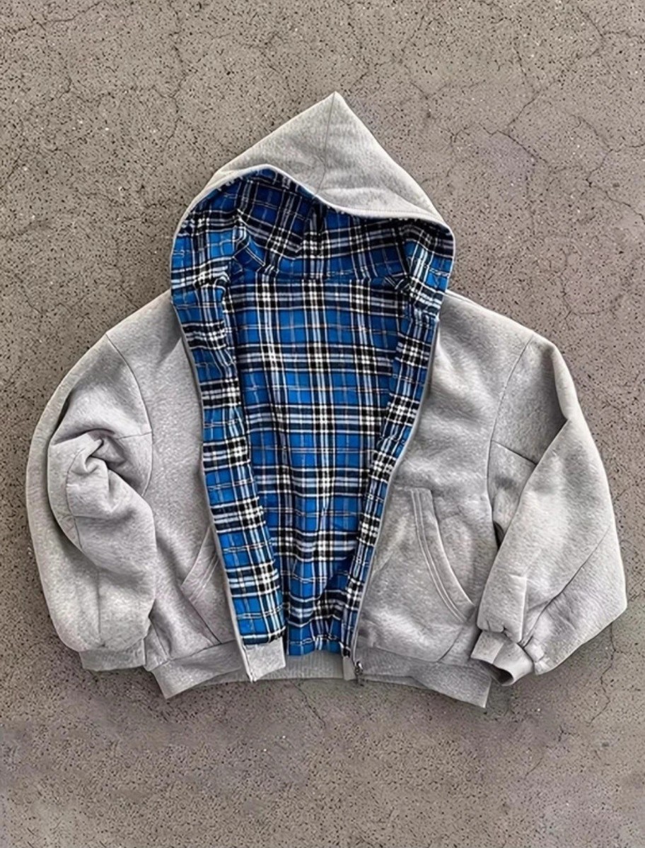 Grey Reversible Y2K Zip Hoodie Plaid Hip Hop Streetwear Archive