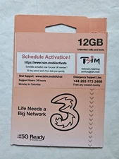 Three PAYG Preloaded 12GB 4G 5G Data SIM Mobile Broadband lasts up To 12 months