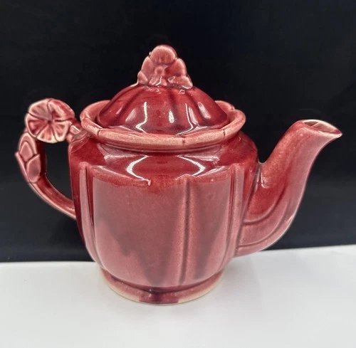 Vintage 1940s Shawnee Rosette Burgundy Flower-Handle & Lid 3 Cup Teapot •READ•