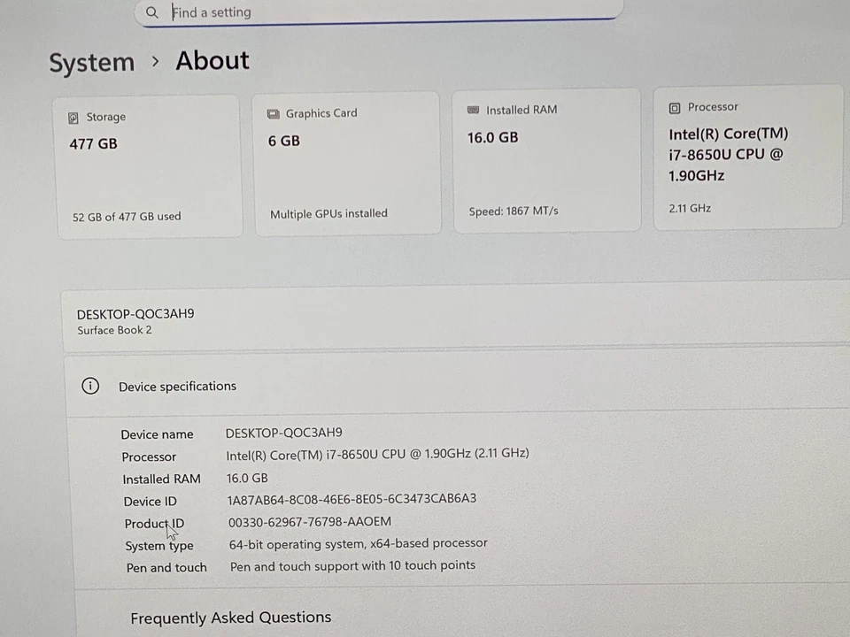 BATERÍA SURFACE BOOK 2 TOUCH 15" i7-8650U 16GB RAM 512GB SSD NVIDIA GTX 1060 89% Foto 2 de 4