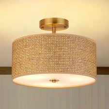 13" Woven Rattan Boho Ceiling Light Fixture, 3-Light Modern Semi Flush Mount ...