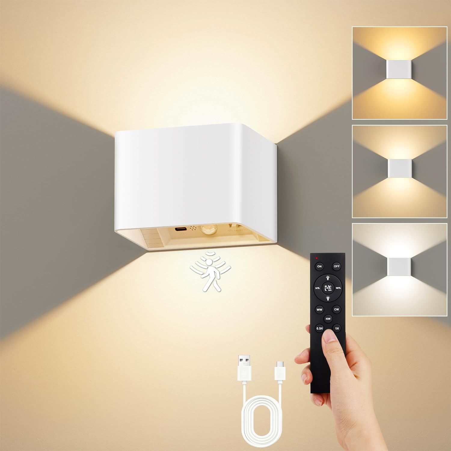 Applique murale rechargeable USB à capteur de présence et lumière LED blanche