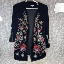Paris XL Black Velvet Embroidered Open Front Kimono Duster Boho Jacket
