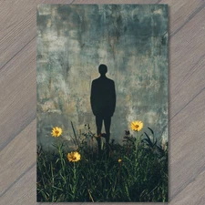 POSTCARD Shadow Person Yellow Flowers Grass Texture Wall Eerie Lonely Urban Natu