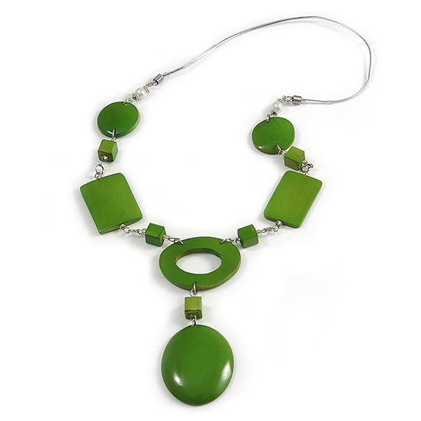Statement Lime Green Wood Bead Geomentric Silver Cord Necklace - 66cm L/ 13cm