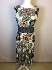 London Times Fit & Flare Midi Dress Size 8 Womans White Back Paisley Sleeveless