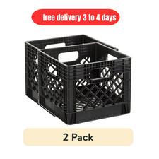  2 Pack 16QT Heavy-Duty Plastic Milk Crate Black Stackable Storage Bins Handles