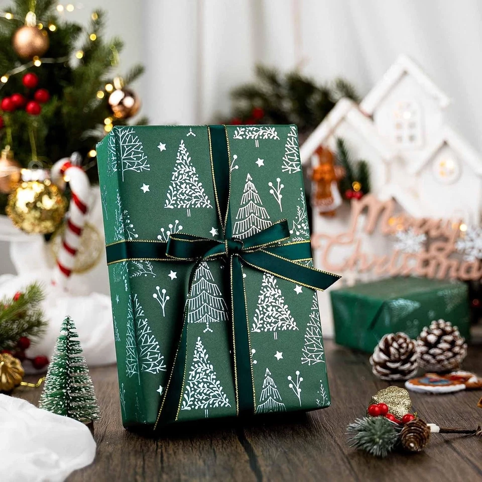 Green Christmas Tree Wrapping Paper Roll Metallic Design 17x33 Ft Holiday Gift - Image 2 of 4