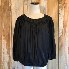 Studio M Black Peasant Blouse Beaded Neckline 3/4 Sleeve Elastic Hem sz M EUC!