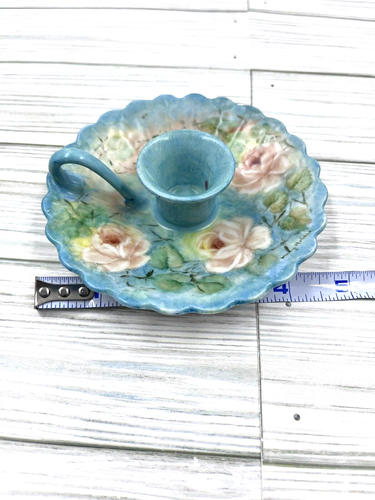 Vtg Hand Painted Porcelain Blue Pink Rose Candlestick Holder Finger Loop Drip - Picture 5 of 6