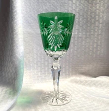 AJKA (AJC37) WINE GLASS EMERALD GREEN CUT TO CLEAR CRYSTAL BOHEMIAN HUNGARY