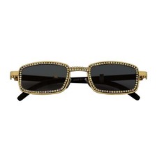 BLING TWO - Rhinestone Retro 90s Metal Rectangle Sunglasses Gold Smoke