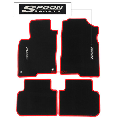 For 22-26 Civic 4DR Sedan Floor Mat Carpet Black Nylon & Red Trim + Spoon