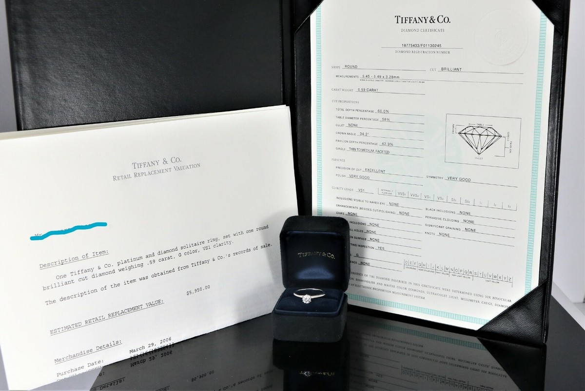 $7650 Tiffany & Co Solitaire Platinum 0.59ct Round G VS1 Diamond