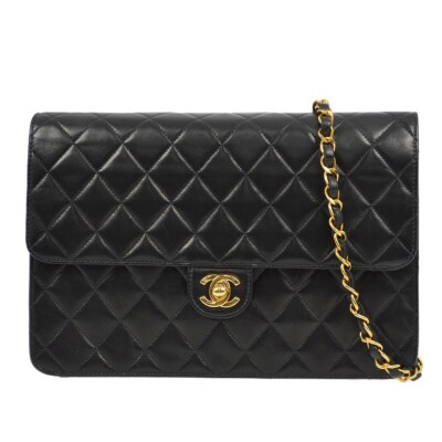 Chanel Black Lambskin Turnlock Medium Half Flap Shoulder Bag