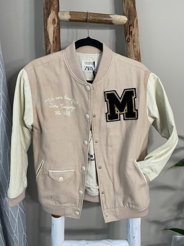 ZARA Girls Varsity Baseball Jacket Bomber Cream Blush SZ 10years Leather Sleeve - Picture 19 of 22