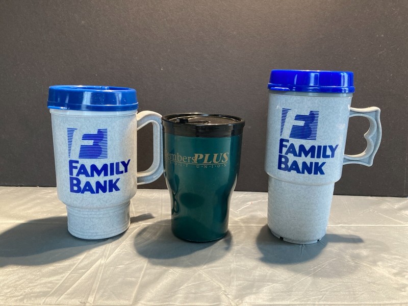 Family Bank Members Plus Credit Union Plastic Travel Coffee Mugs Lot of 3