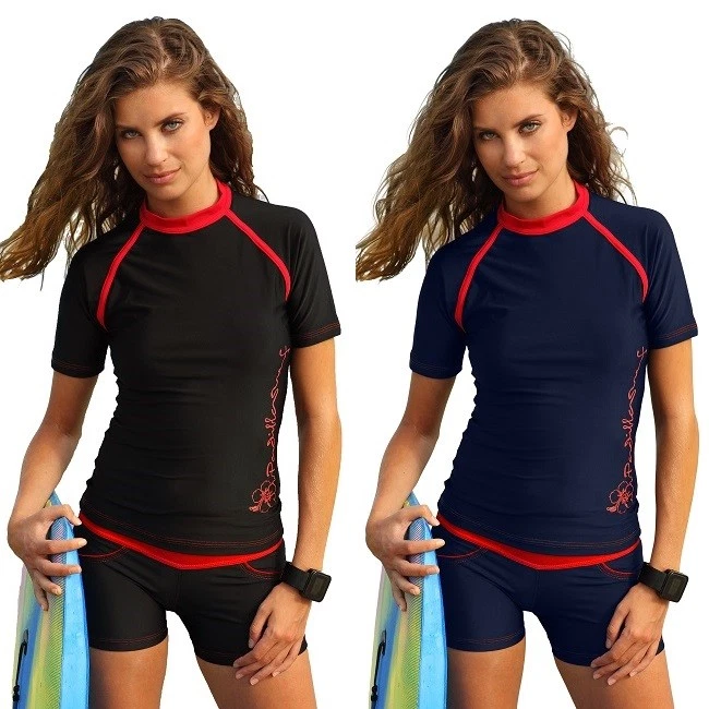 Ladies Rash Vest Top and Bottom Women Rash Guard Surfing Set Black Surf Wear