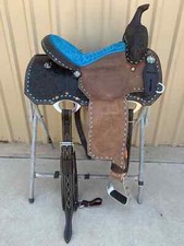 Western Two Tone Leather Hand Carved Ranch Roper Saddle with Blue Seat