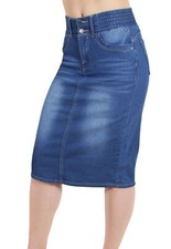 Women's Juniors / Plus Butt Lifting Pencil Denim Midi Skirt with Elastic Waist