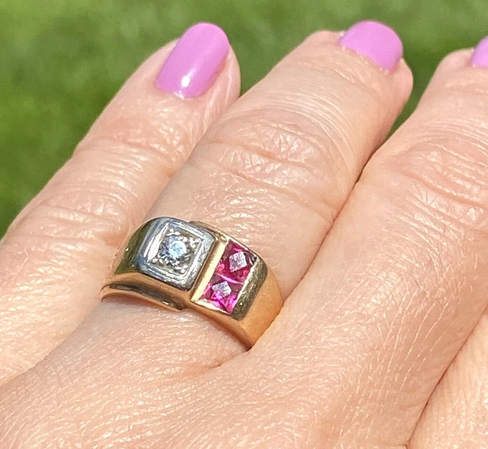 Anillo de diamantes rubí vintage joyería fina patrimonio usado oro amarillo de 18 quilates talla 6,25 Foto 3 de 4