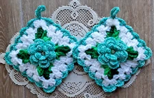 New "2" Handmade Crocheted Irish Rose Potholders Aqua Teal White & Green Ivy