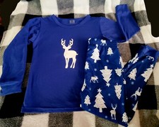 Blue Reindeer Christmas Pajamas Two Piece Size 4T Tree Reindeer Snug Fitting