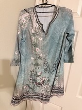 Blue Floral Print Women's Kurti Tunic, 3/4 Sleeve, Traditional Indian Style