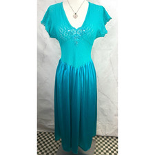 Vintage 70s Fairy Peignoir Slip Dress Teal Turquoise Lace Nightgown Midi M Glam