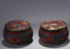 Old Dynasty Red Wood lacquerware Painting Carve tree house Jar Pot Crock pair