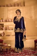 FESTIVAL BLUE KURTI PLAZZO SET VELVET SUIT PARTYWEAR KURTA PANT SUIT ETHNIC WEAR